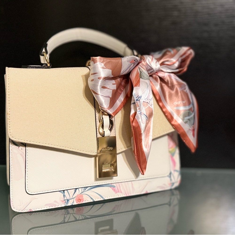 Elegant Cream and Pink Handbag with Scarf Accent